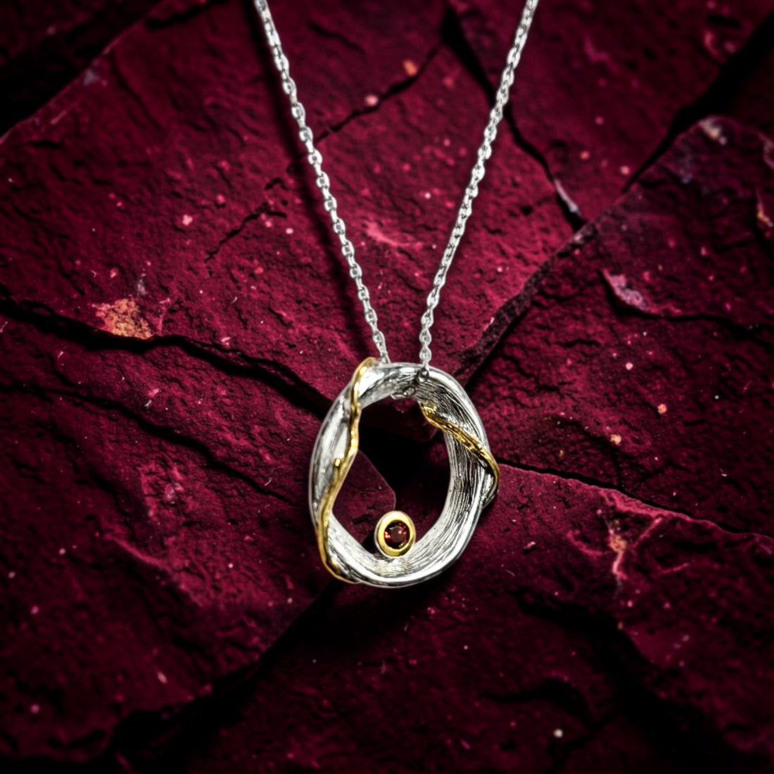 Golden Orbit Garnet Pendant Necklace