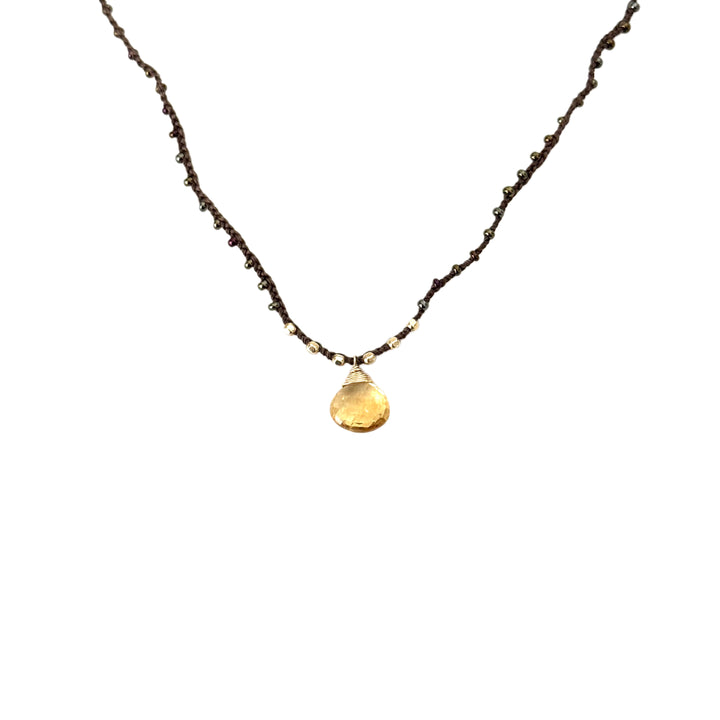 Citrine Briolette Brown Braided Silk Necklace