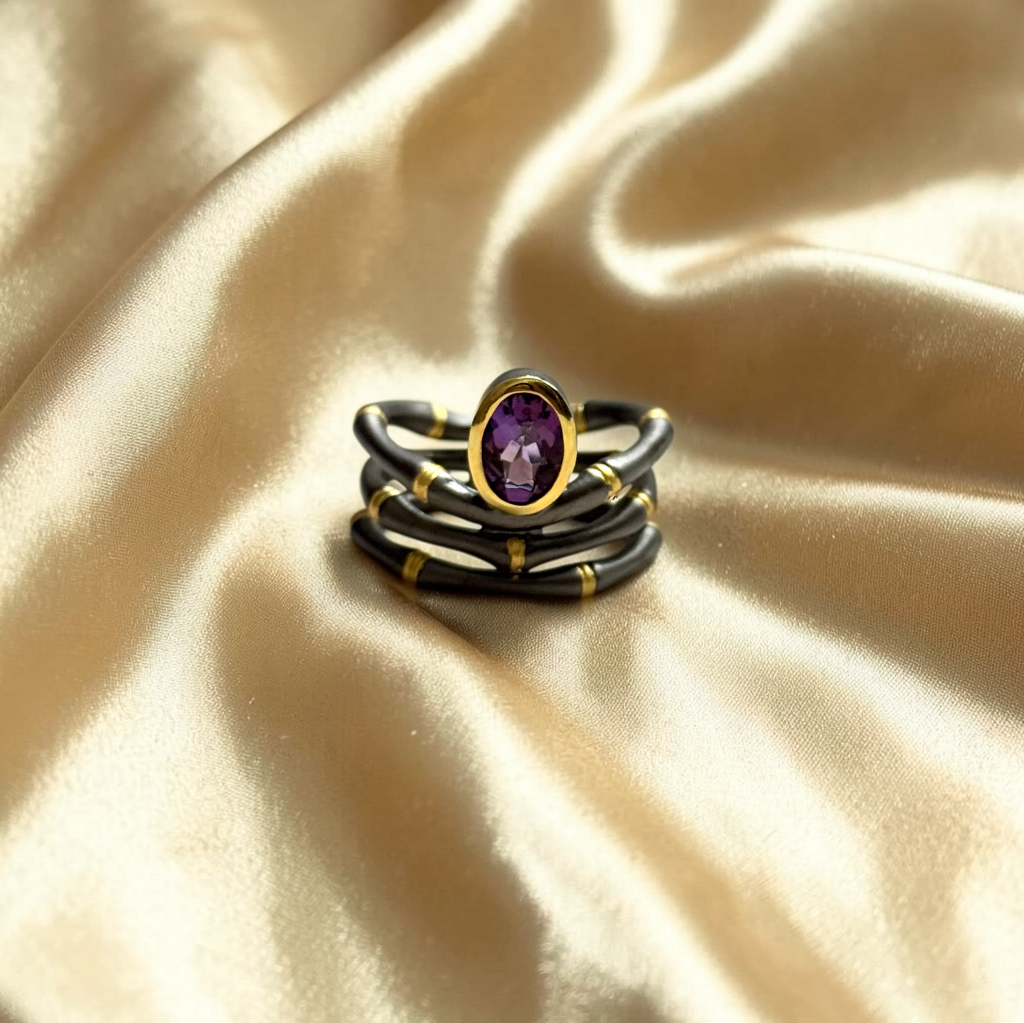 Gilded Bamboo Amethyst Ring – 925 Sterling Silver | Size 8