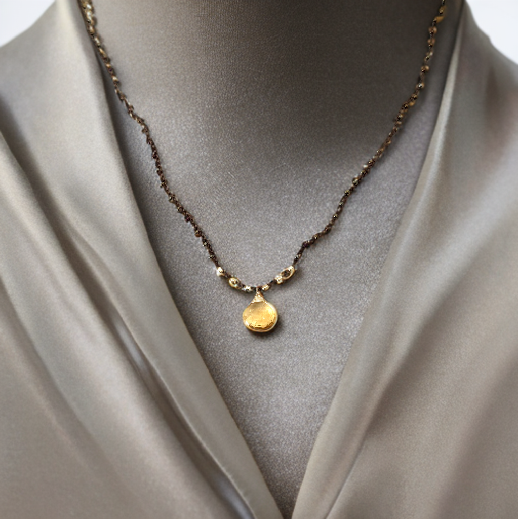 Citrine Briolette Brown Braided Silk Necklace