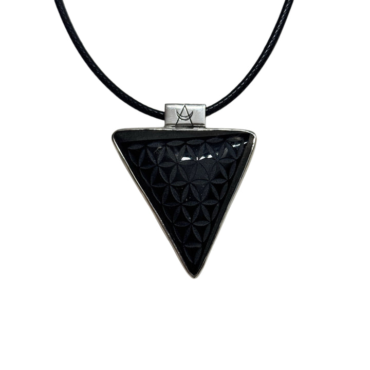 Obsidian Flower of Life Triangle Necklace