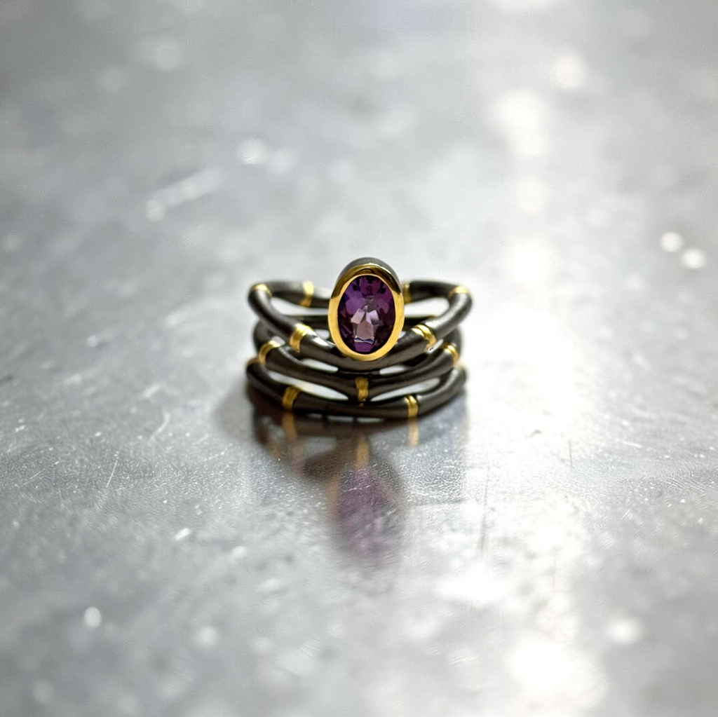 Gilded Bamboo Amethyst Ring – 925 Sterling Silver | Size 8