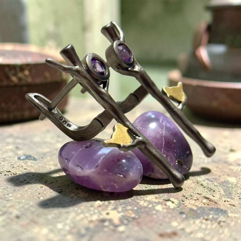 Golden Songbird Amethyst Earrings – 925 Sterling Silver