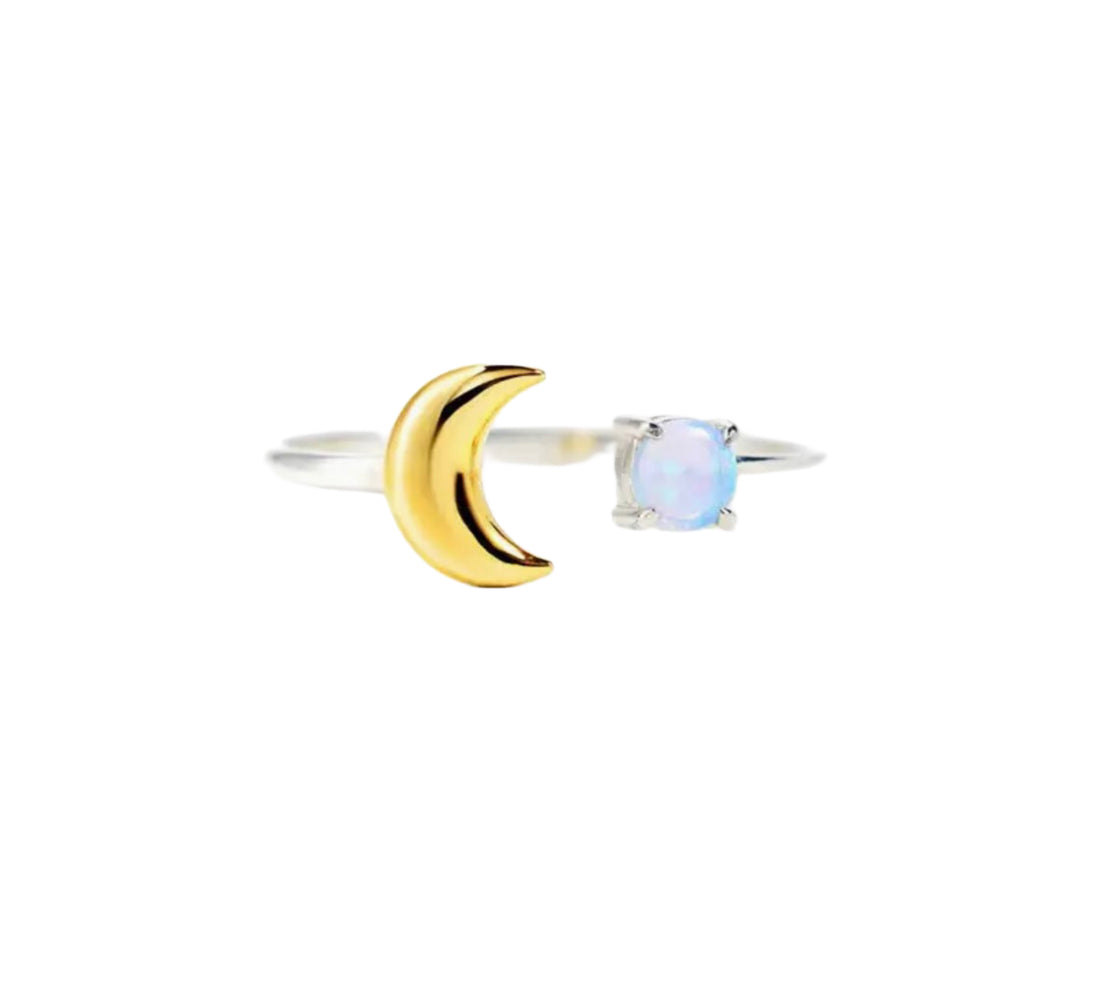 Gold Opal Moon & Star Silver Stacking Ring