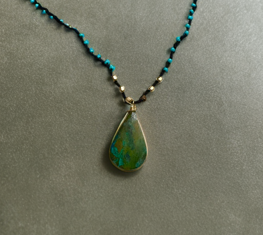 Chrysocolla Turquoise Black Braided Silk Necklace