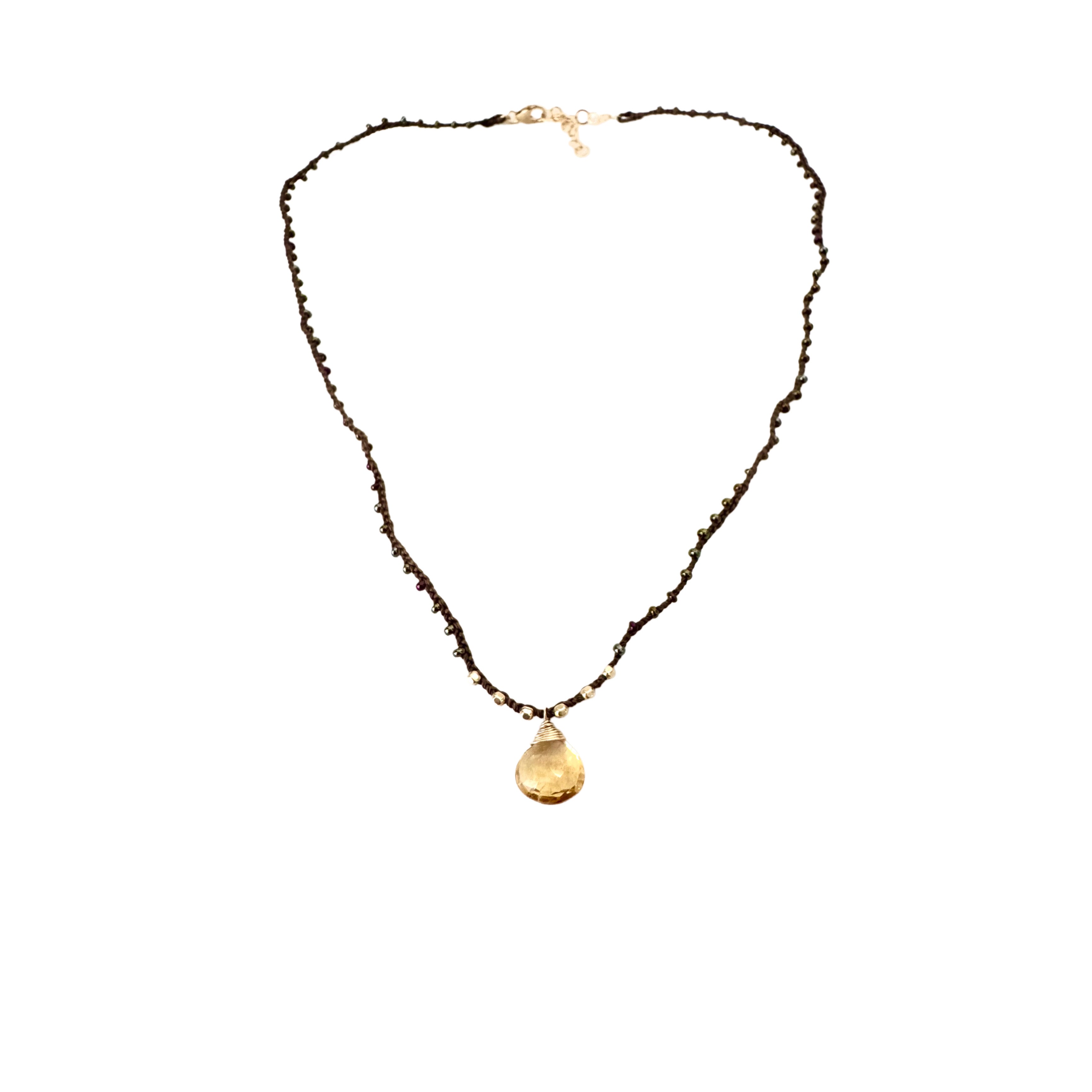 Citrine Briolette Brown Braided Silk Necklace