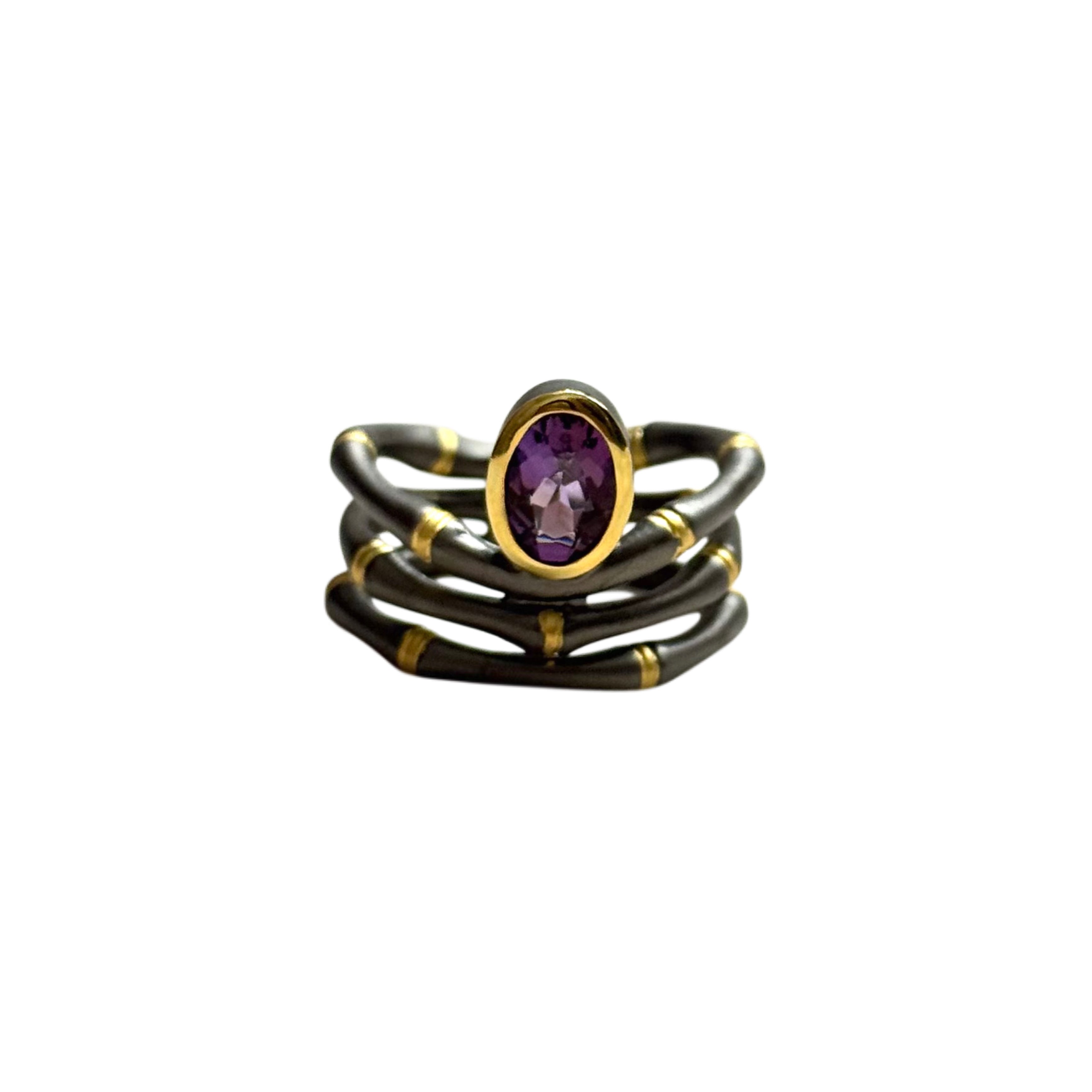 Gilded Bamboo Amethyst Ring – 925 Sterling Silver | Size 8