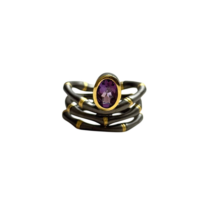 Gilded Bamboo Amethyst Ring – 925 Sterling Silver | Size 8