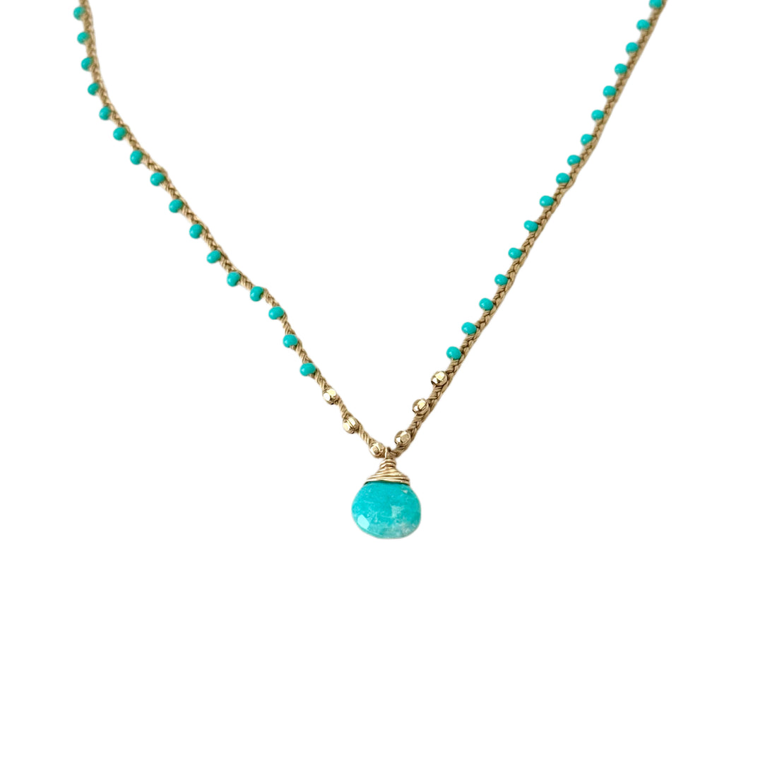 Turquoise Braided Tan Silk Briolette Pendant Necklace