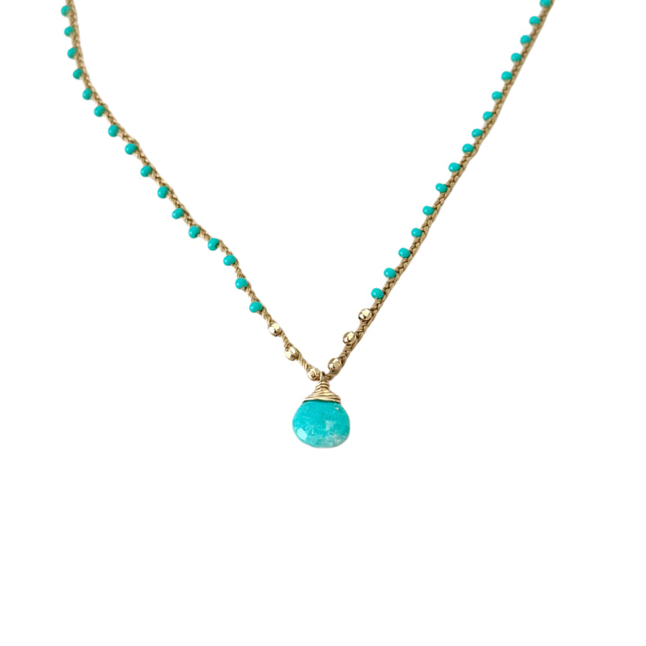 Turquoise Braided Tan Silk Briolette Pendant Necklace