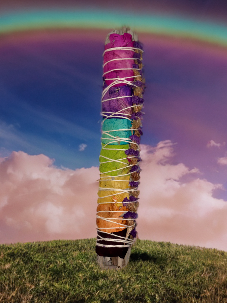 Rose Aura Cleanse – 9” White Sage & Rainbow Petal Smudge Stick