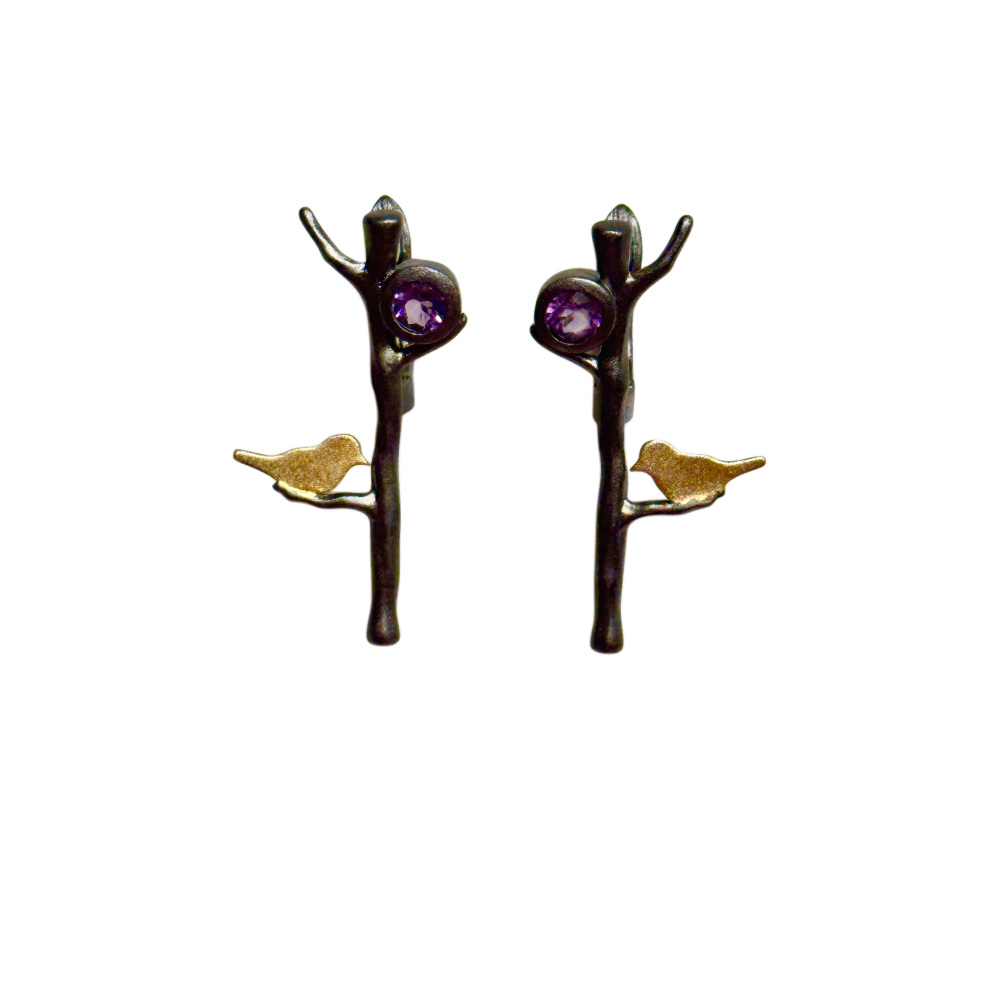 Golden Songbird Amethyst Earrings – 925 Sterling Silver