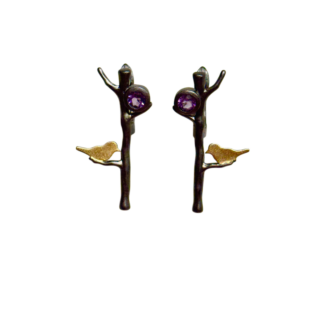 Golden Songbird Amethyst Earrings – 925 Sterling Silver