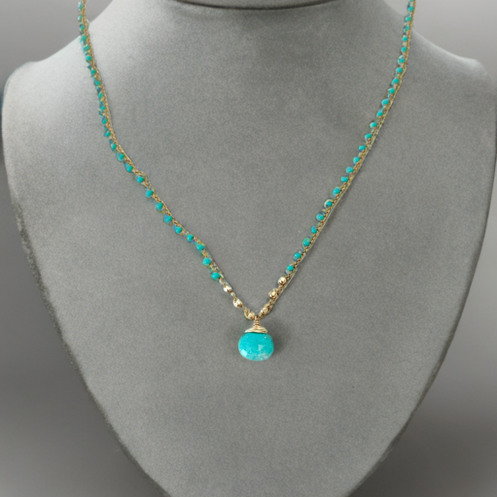 Turquoise Braided Tan Silk Briolette Pendant Necklace