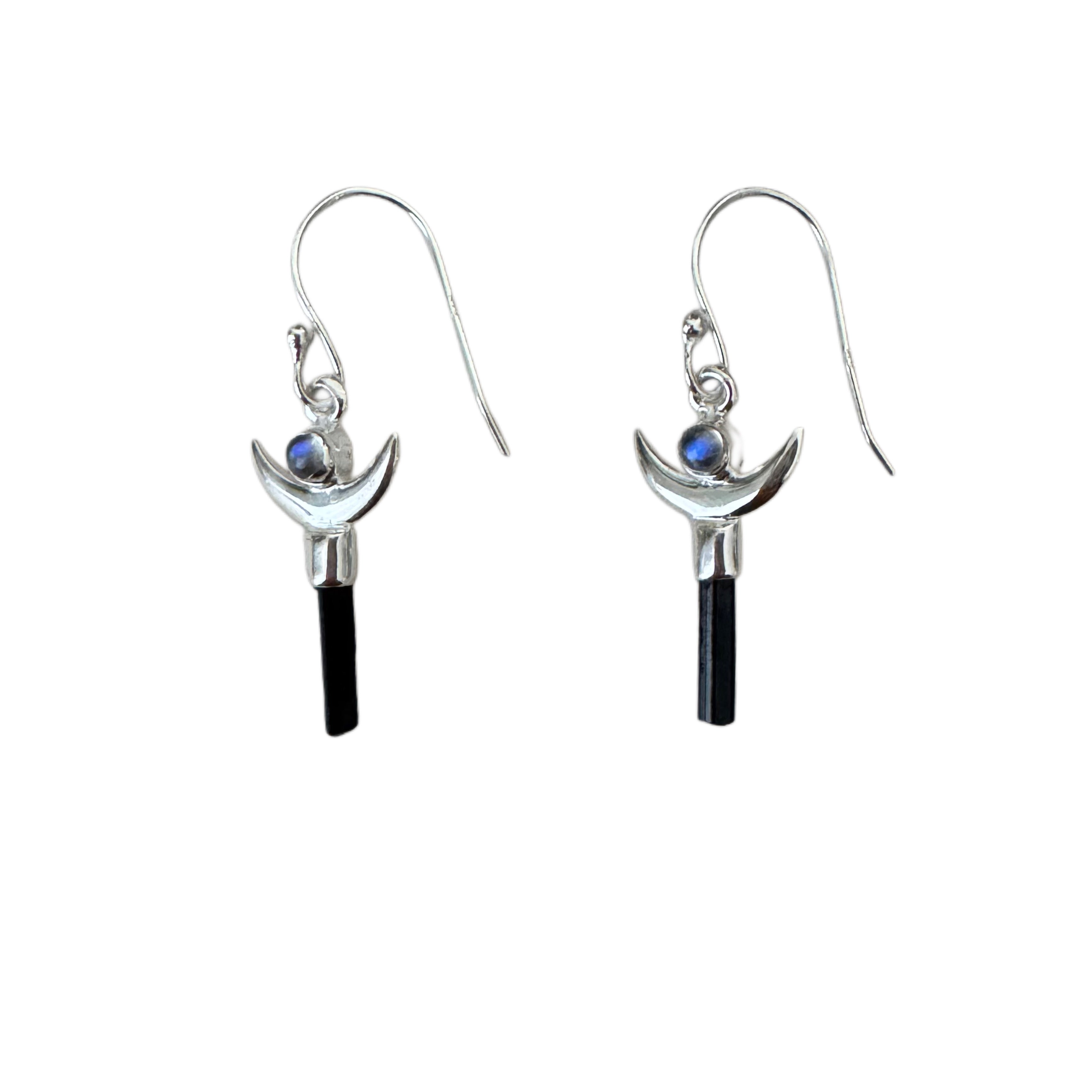 Black Tourmaline Moonstone Crescent Earrings