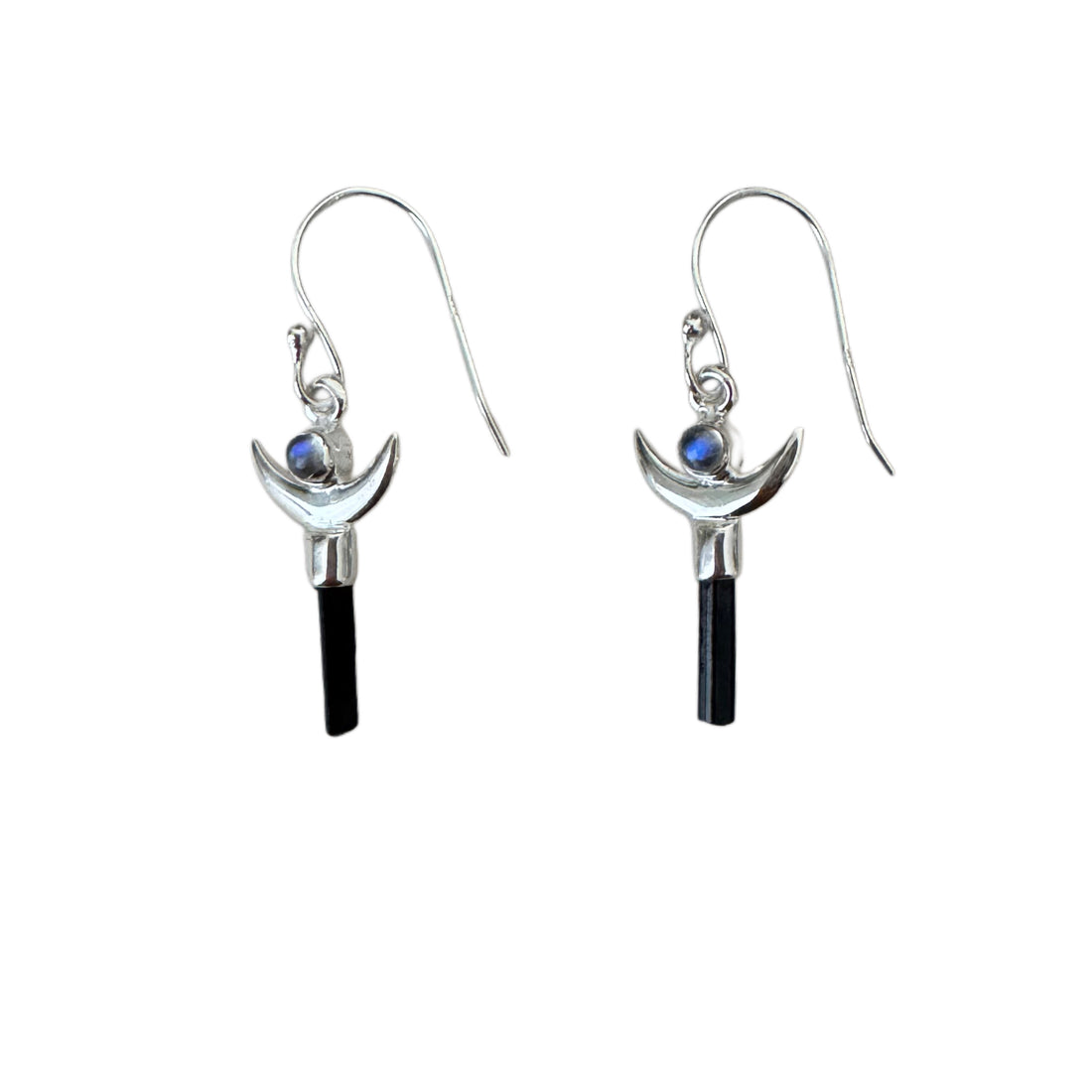 Black Tourmaline Moonstone Crescent Earrings