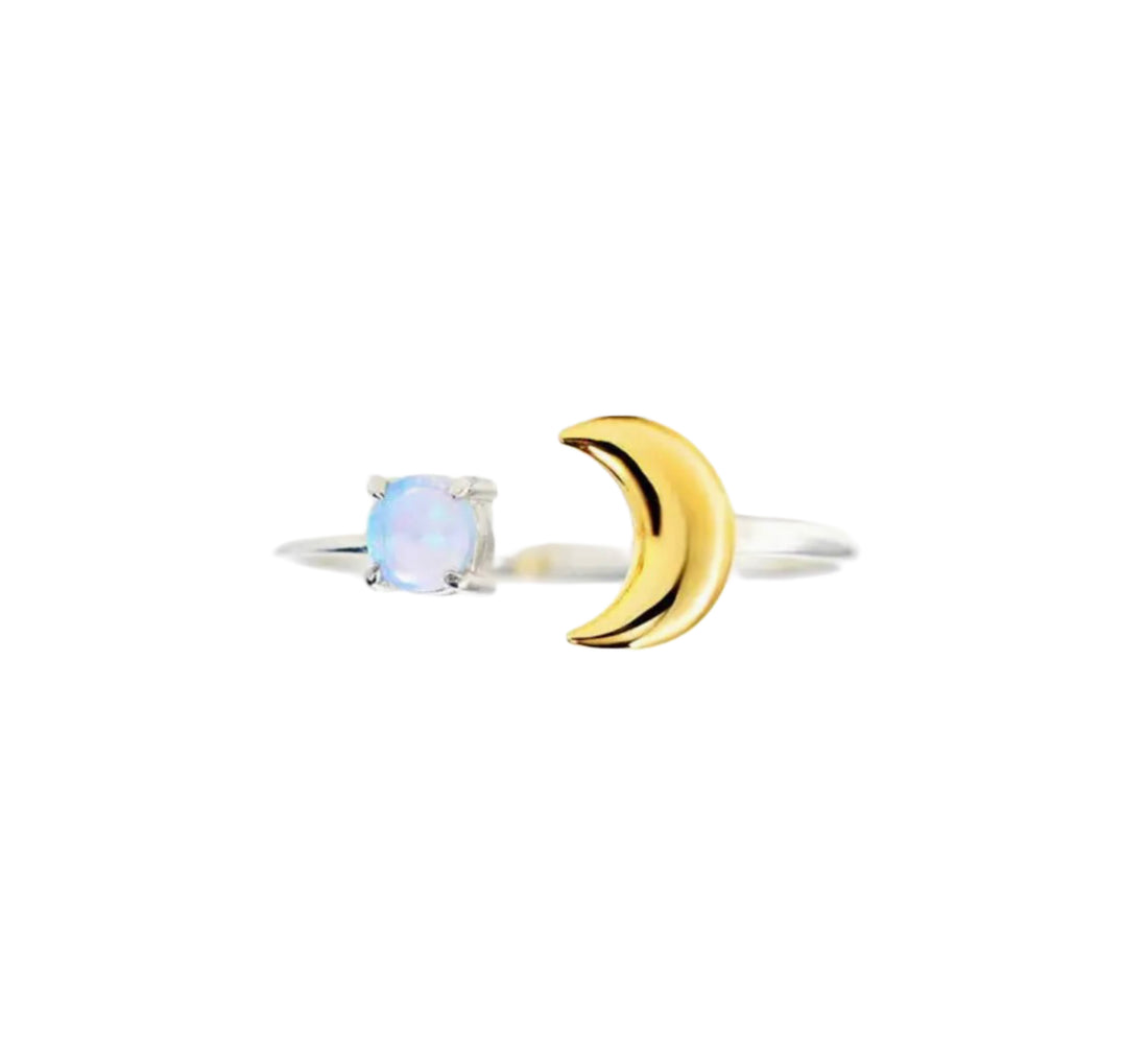 Gold Opal Moon & Star Silver Stacking Ring