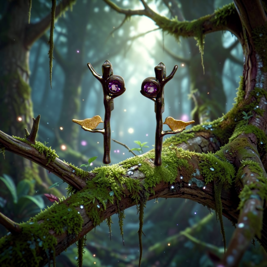 Golden Songbird Amethyst Earrings – 925 Sterling Silver