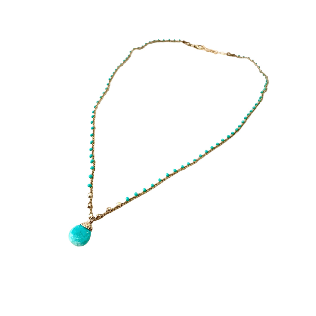 Turquoise Braided Tan Silk Briolette Pendant Necklace