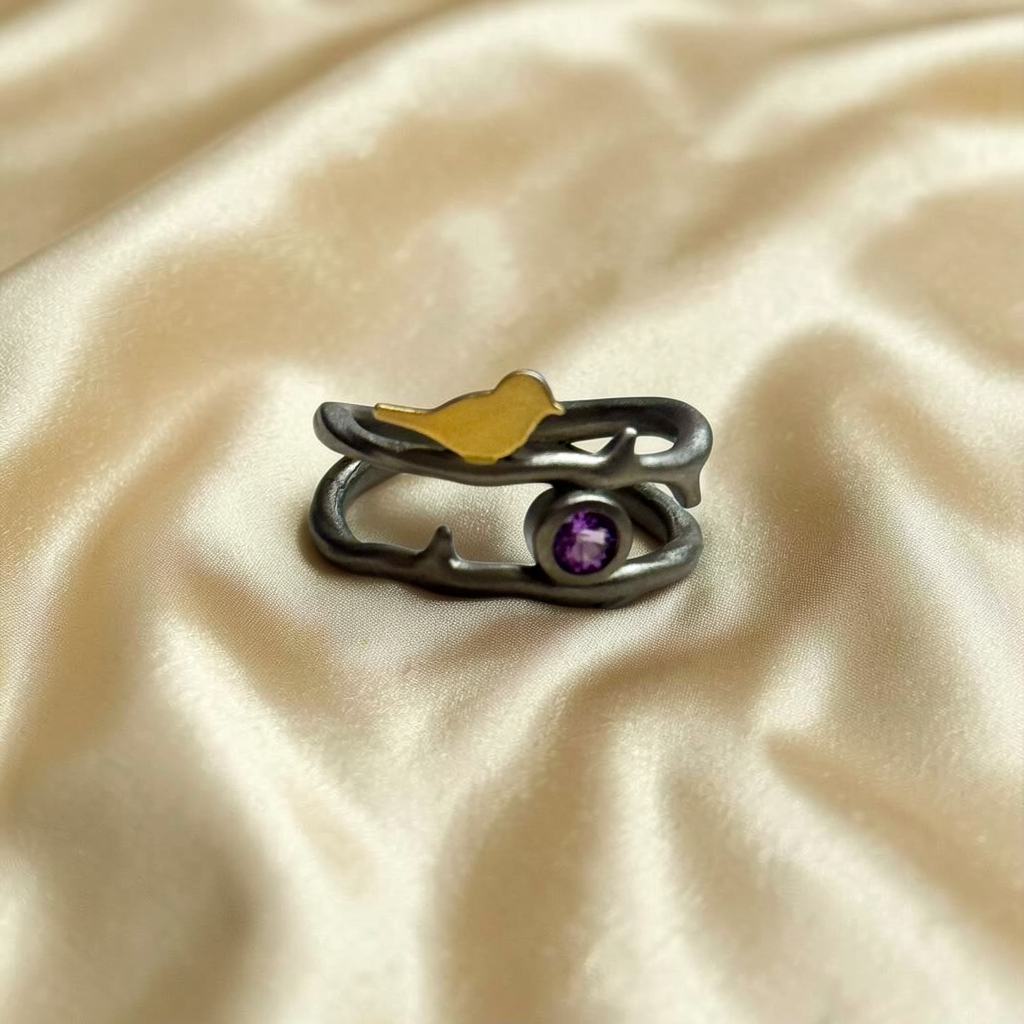 Golden Songbird Amethyst Ring – 925 Sterling Silver| 7.5 size