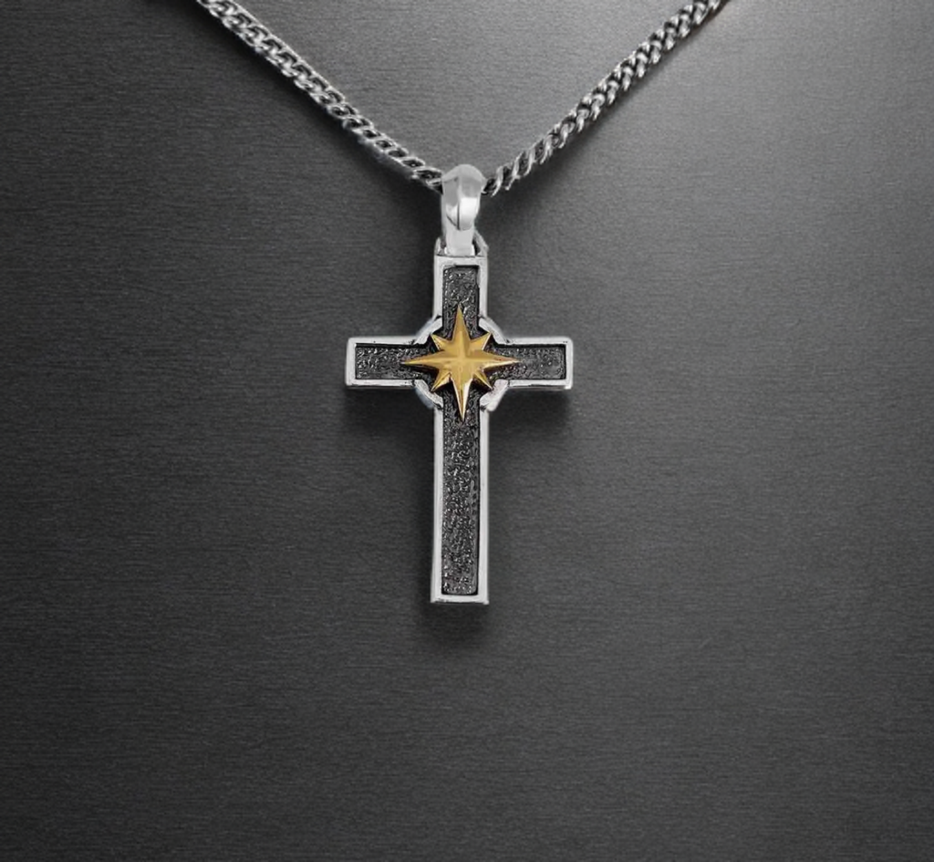 Sterling Silver Cross & Bronze Compass Necklace