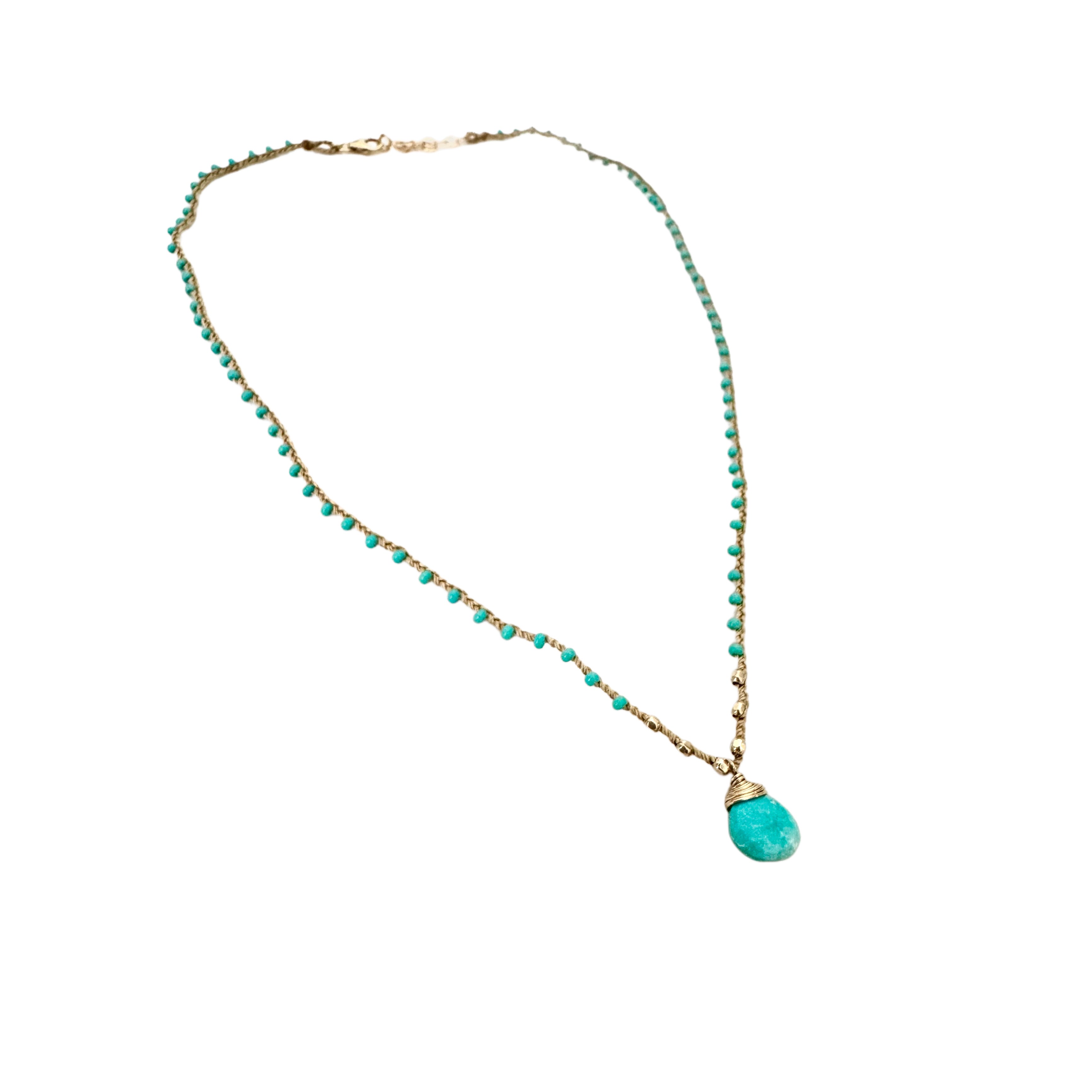Turquoise Braided Tan Silk Briolette Pendant Necklace