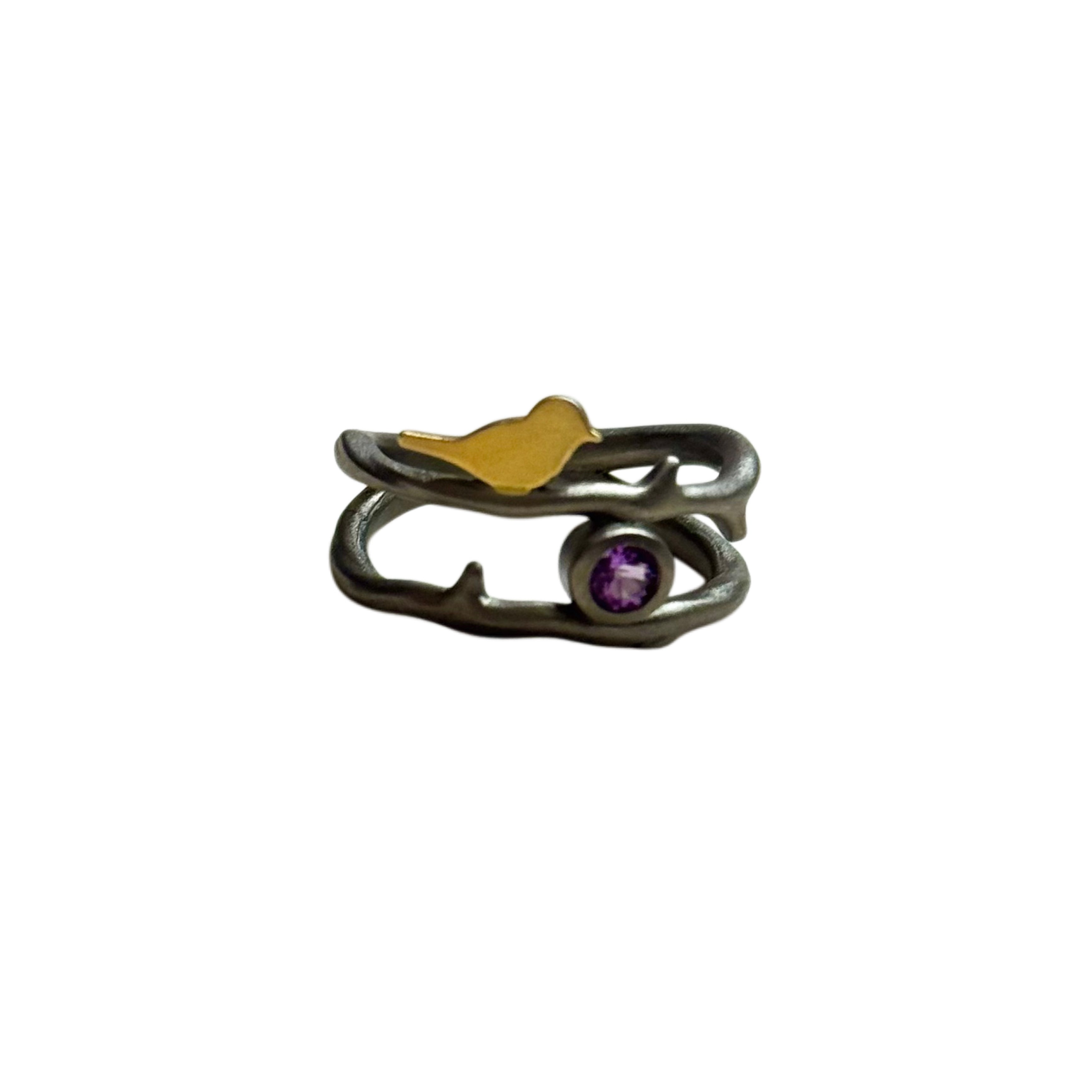 Golden Songbird Amethyst Ring – 925 Sterling Silver| 7.5 size