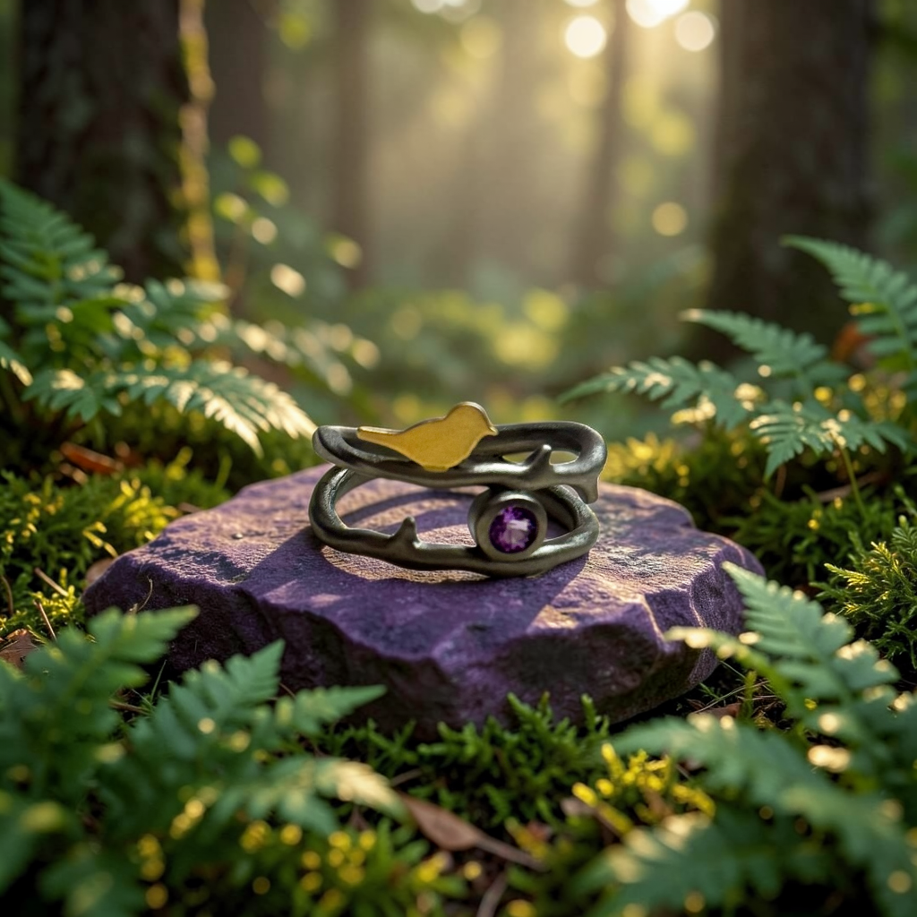 Golden Songbird Amethyst Ring – 925 Sterling Silver| 7.5 size