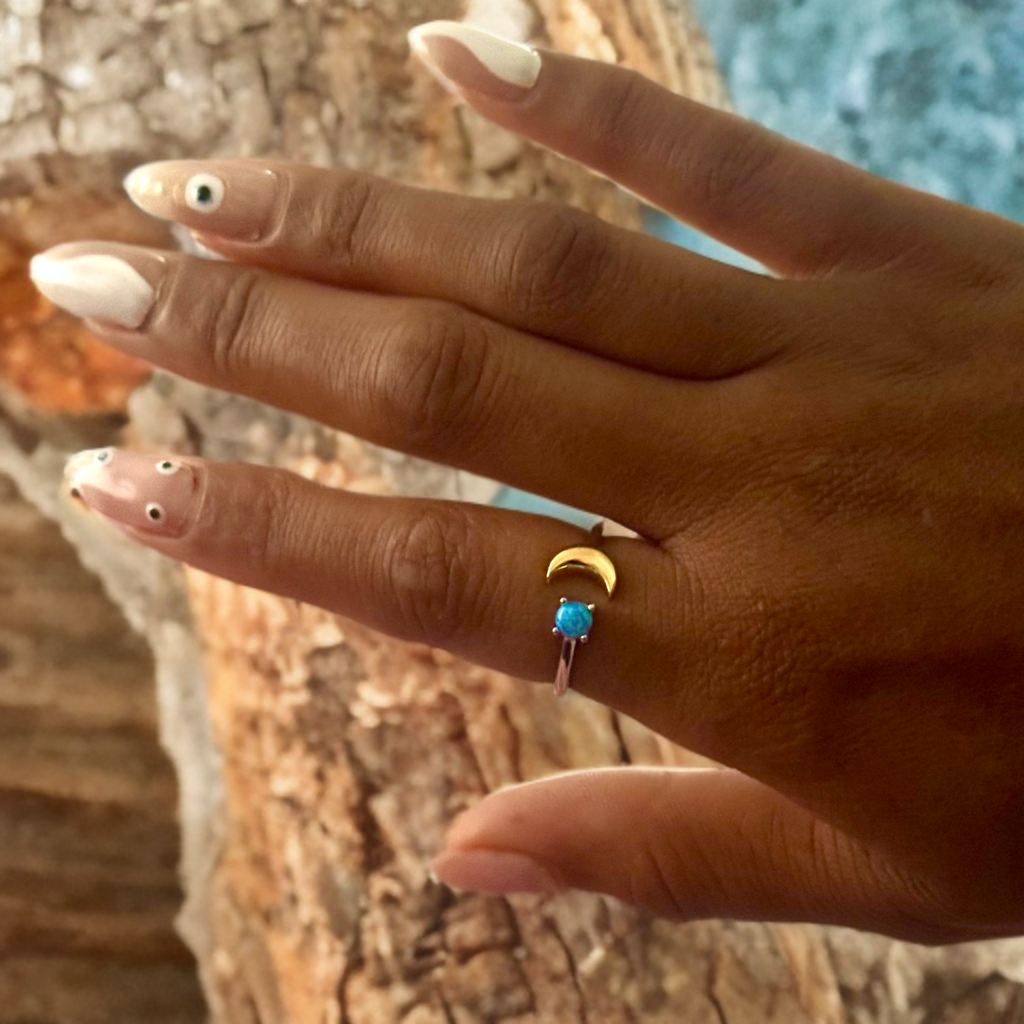 Gold Opal Moon & Star Silver Stacking Ring