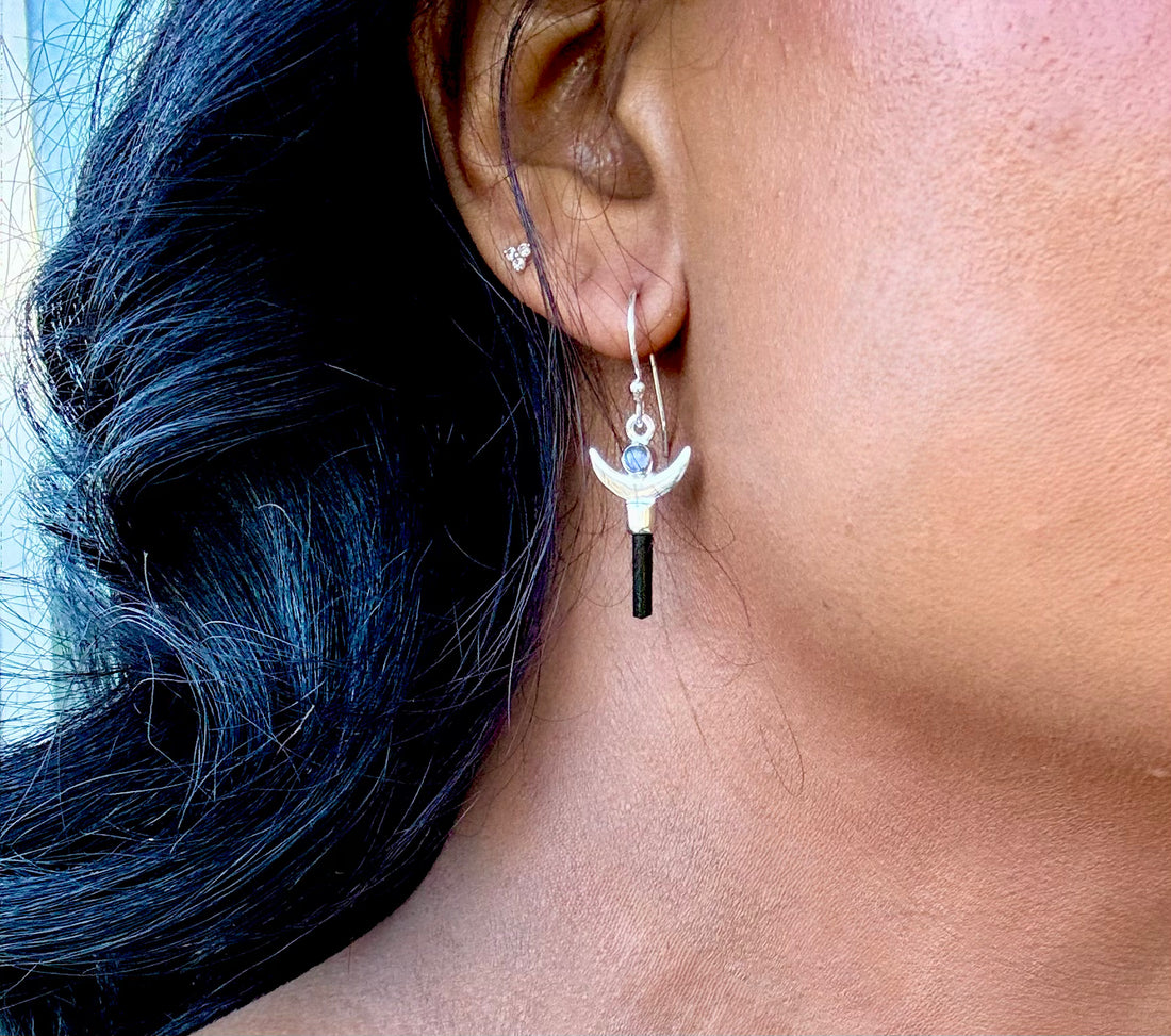 Black Tourmaline Moonstone Crescent Earrings