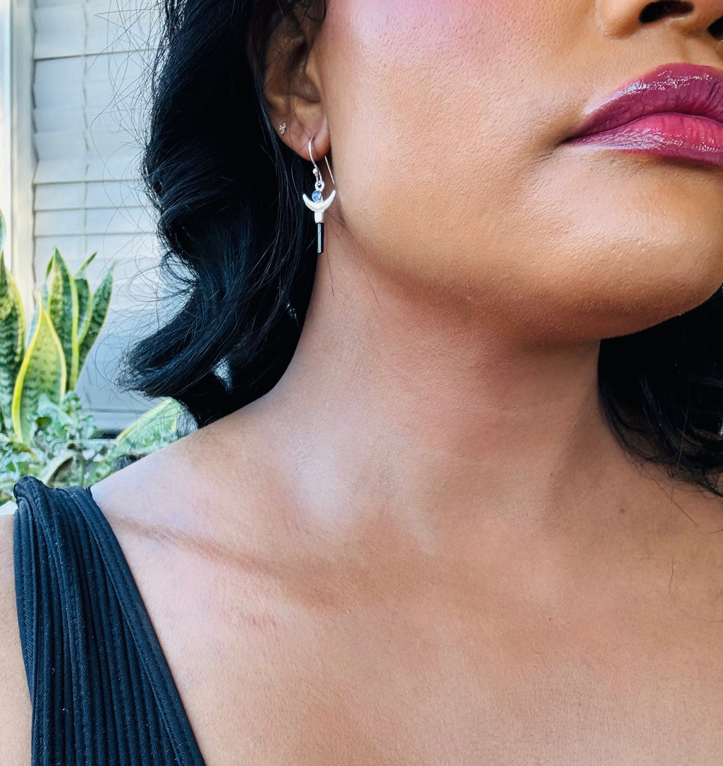 Black Tourmaline Moonstone Crescent Earrings