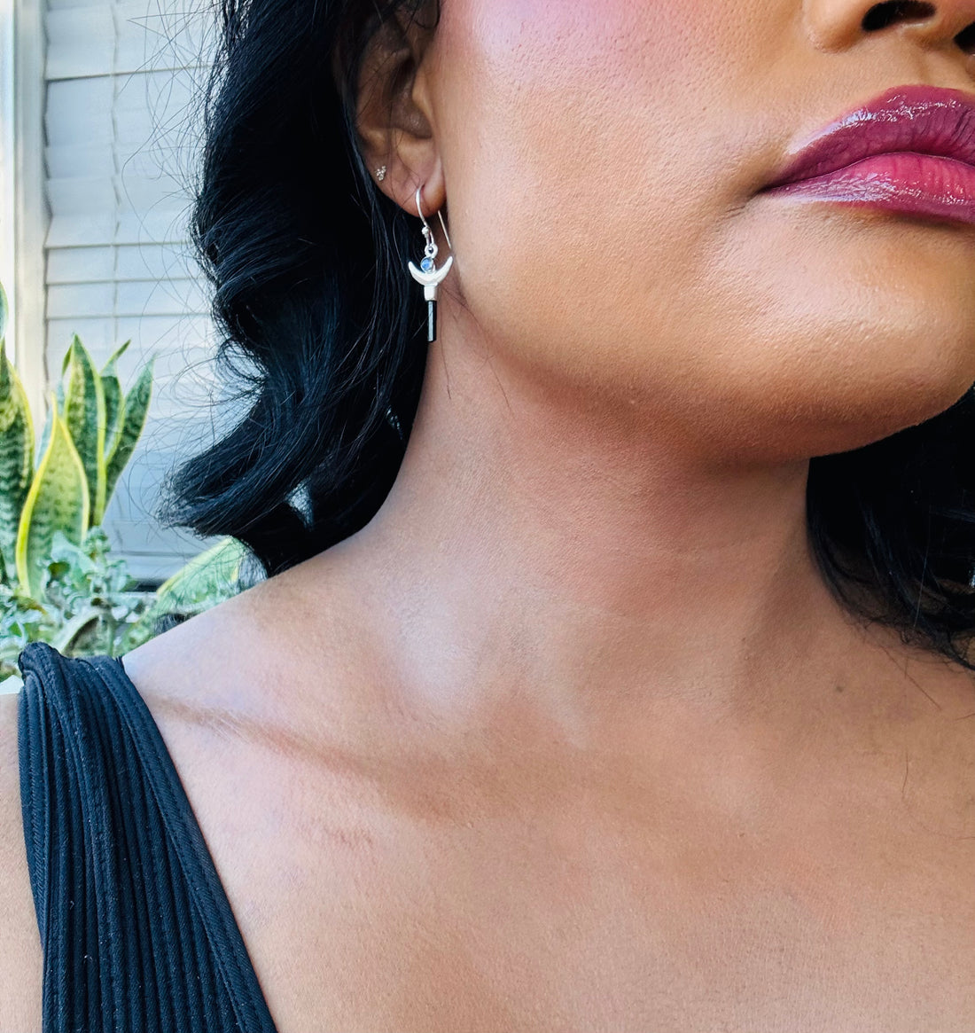 Black Tourmaline Moonstone Crescent Earrings