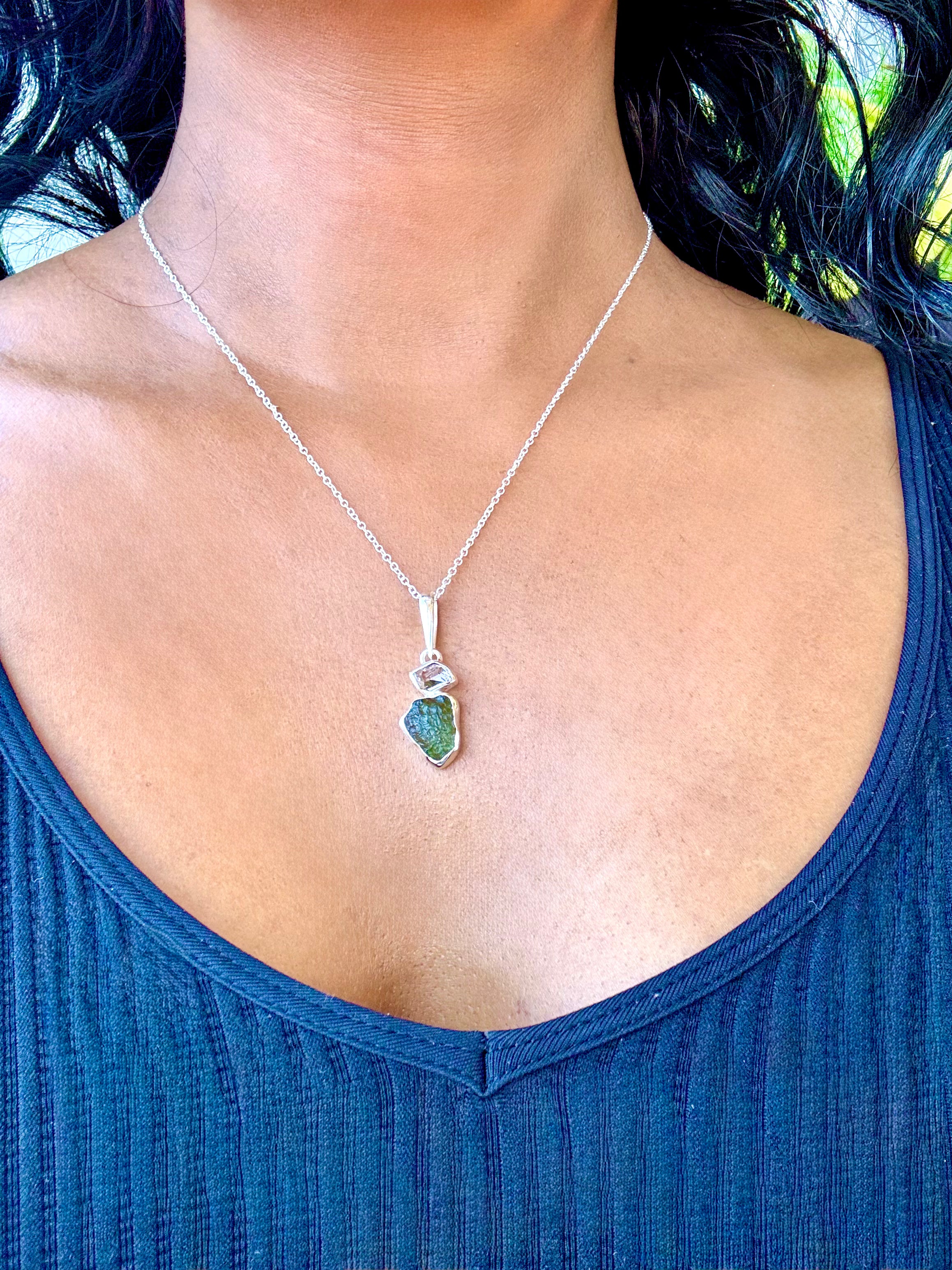Moldavite & Herkimer Diamond Gem Necklace