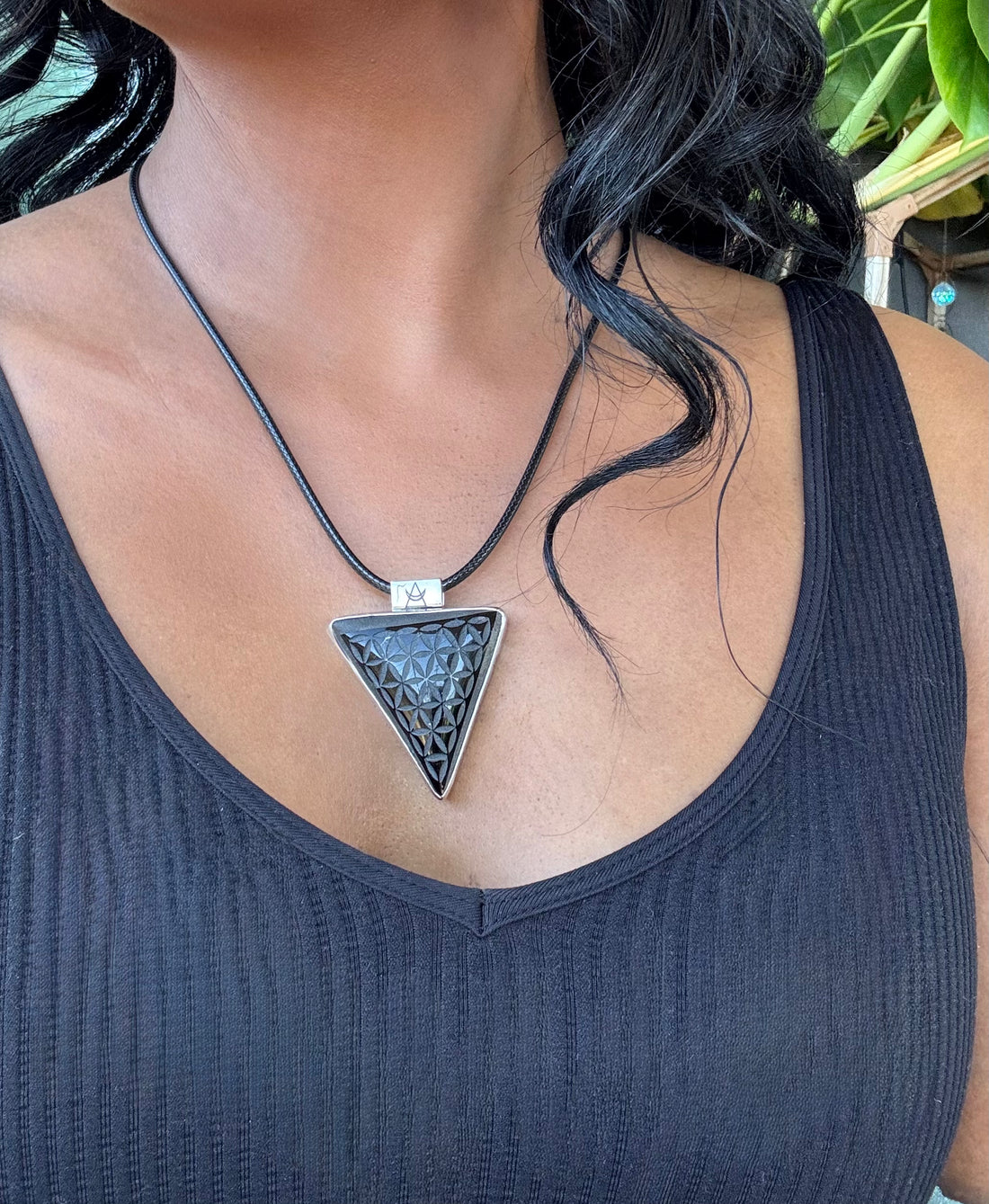 Obsidian Flower of Life Triangle Necklace
