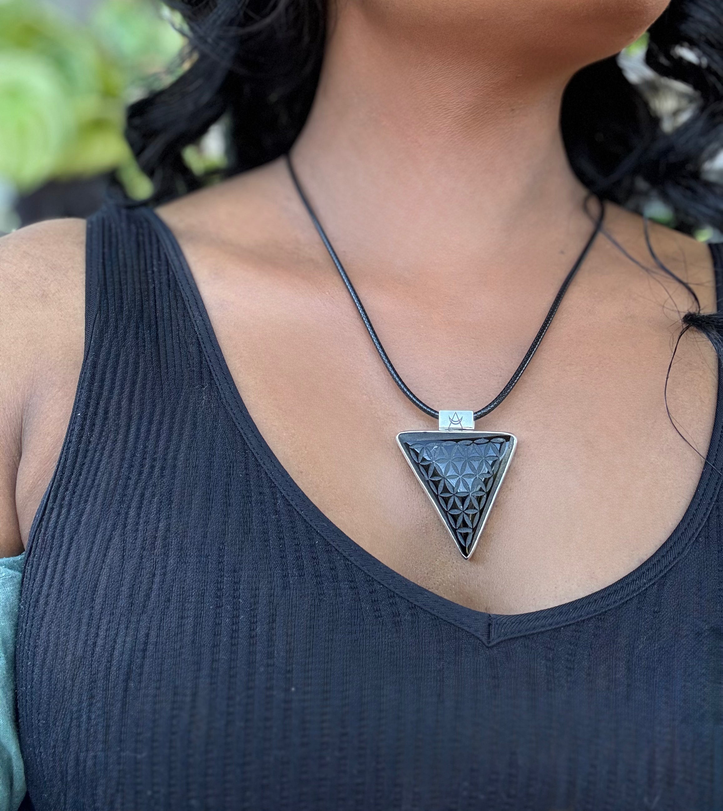 Obsidian Flower of Life Triangle Necklace