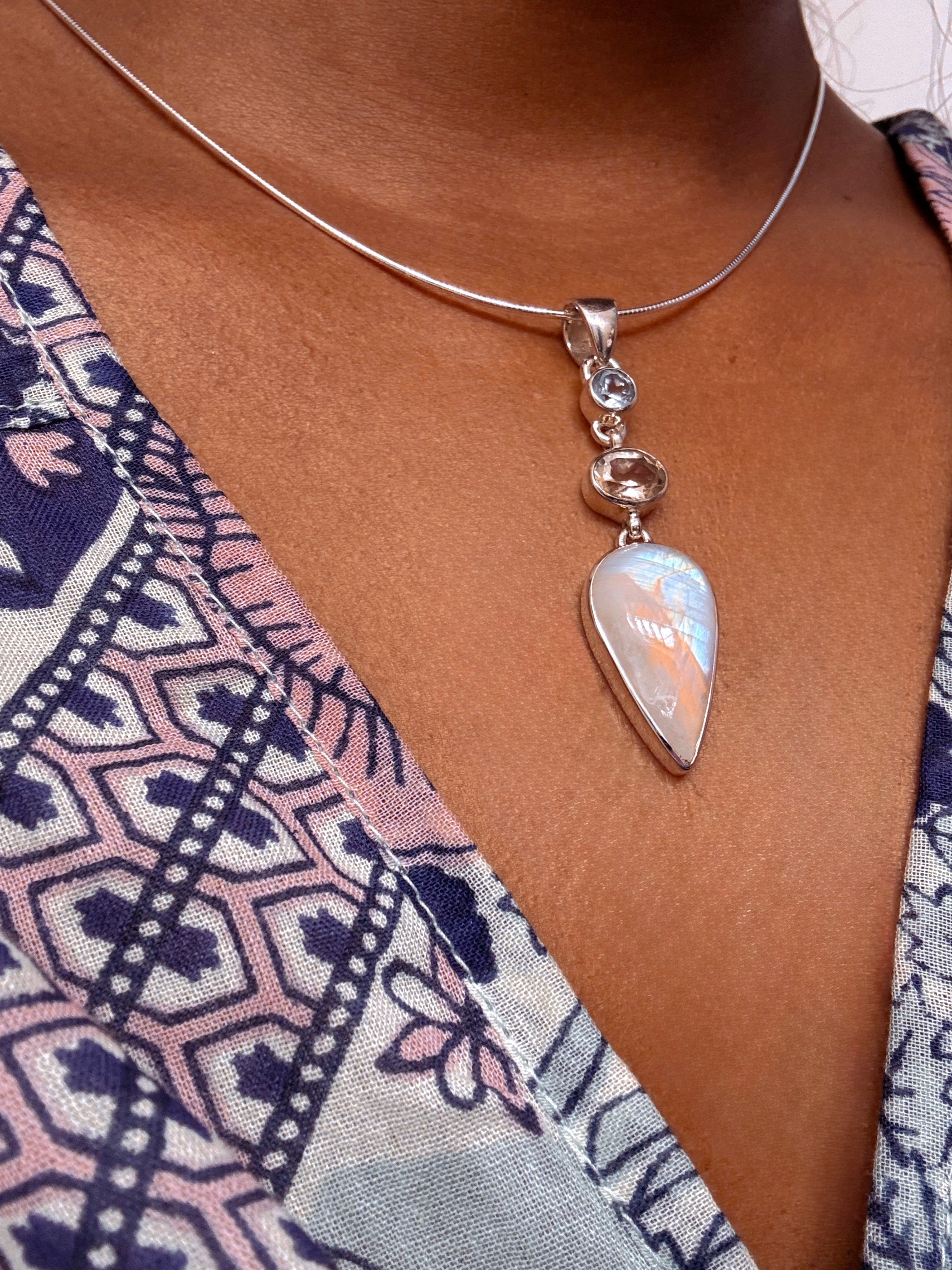 Moonstone Citrine & Blue Topaz Pendant Necklace