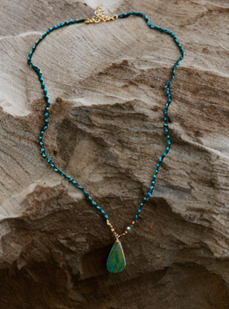 Chrysocolla Turquoise Black Braided Silk Necklace