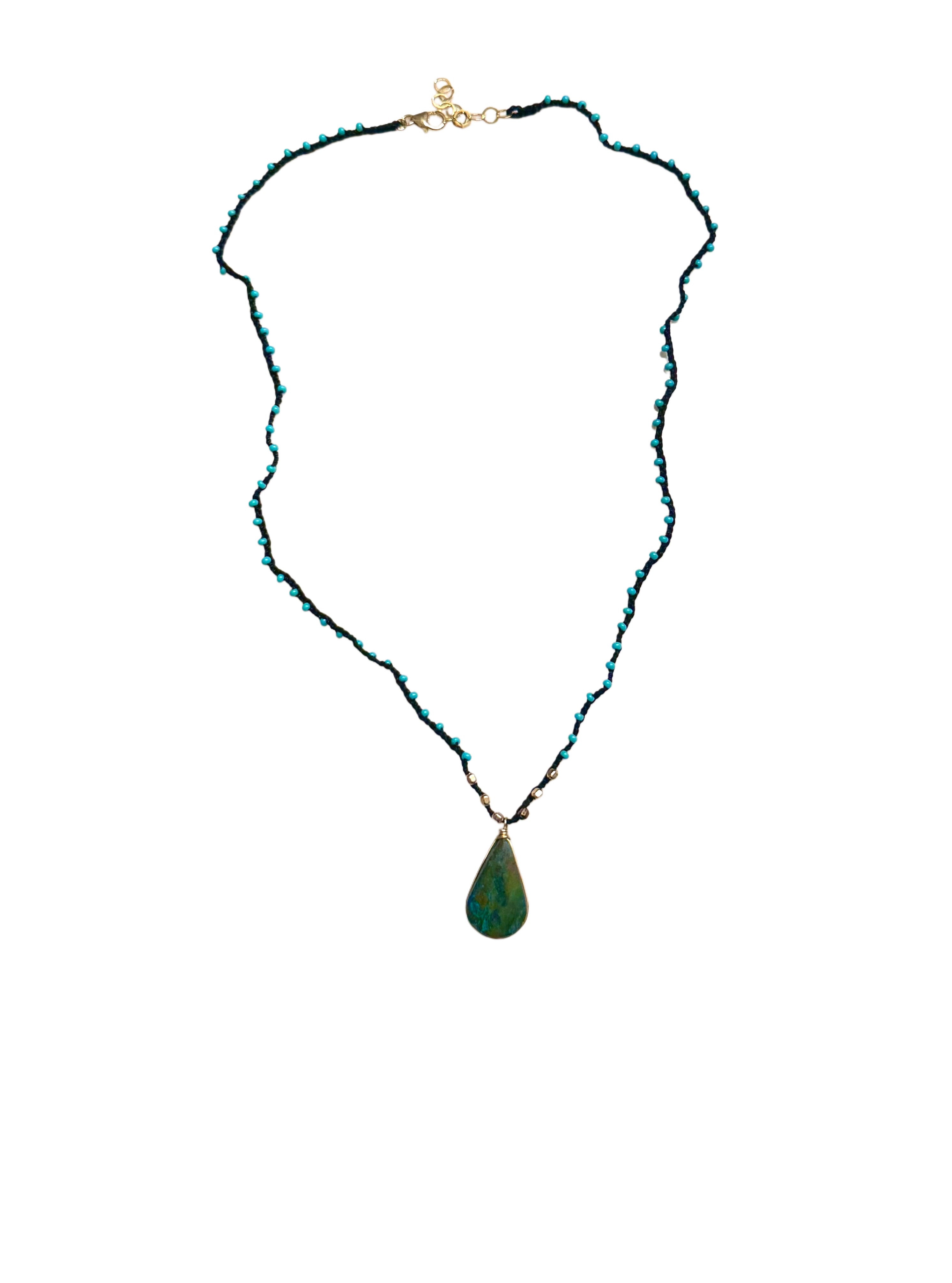 Chrysocolla Turquoise Black Braided Silk Necklace
