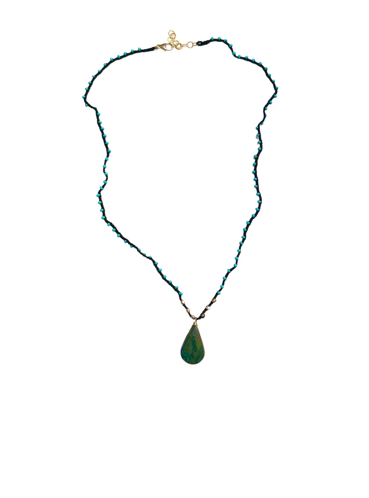 Chrysocolla Turquoise Black Braided Silk Necklace